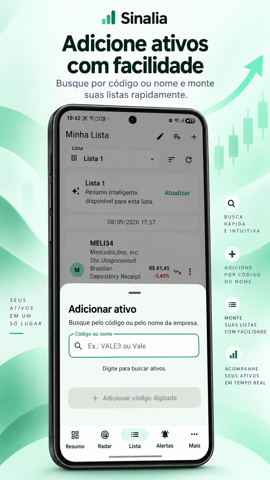 Tela de adição de ativos do aplicativo Sinalia