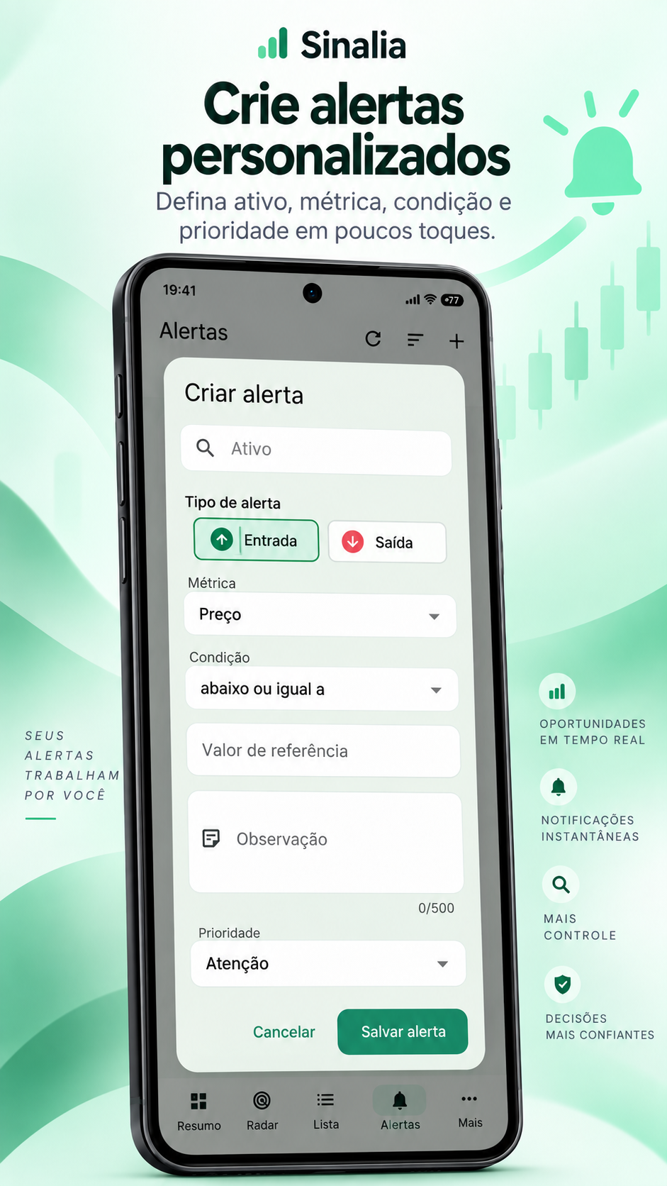 Tela de criação de alerta do aplicativo Sinalia
