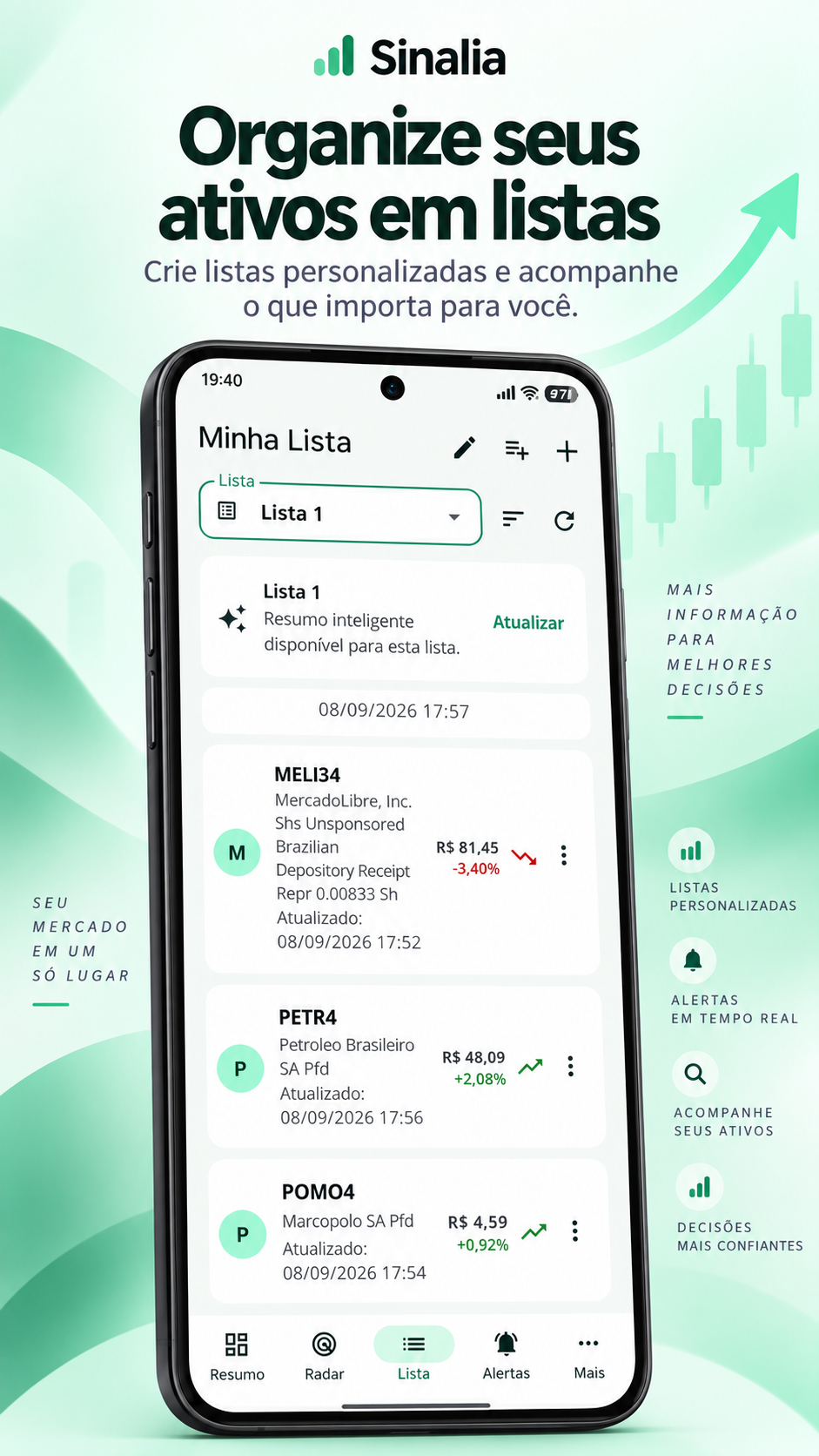 Tela de listas de ativos do Sinalia